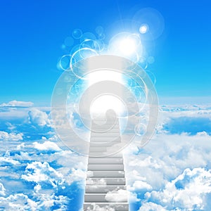 Stairs in sky with clouds and sun