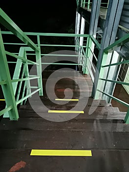 The stairs with social distancing mark for safety and people should be one meter apart, social distancing.