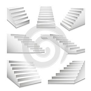 Stairs or staircases and podium stairway ladders vector 3D isolated icons set