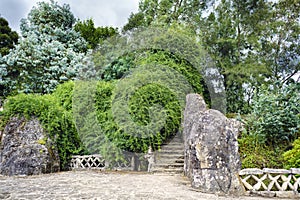 Stairs and stone balustrades in a very green and leafy park. Par