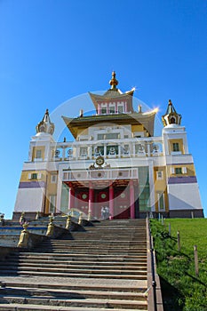 The stairs to Golden abode of Buddha Shakyamuni (Burkhan Bakshin Altan Sume) in Elista. Republic of Kalmykia. Russia