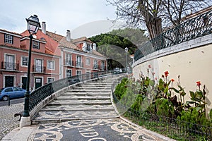 Stairs to Graca viewpoint in Lisbon, Portugal. Traveling by Portugal. Lisbon old town