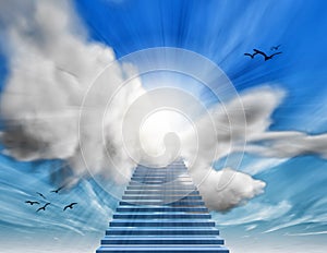 Stairs to heaven blue sky and clouds 3D illustration.