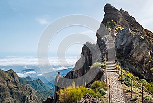 `Stairs to heaven` - Breathtaking view at famous mountain footpath from Pico do Arieiro to Pico Ruivo on the Portuguese Madeira i photo