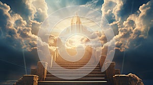 Stairs to heaven heading up to skies, bright light from heaven door, Concept art, Epic light,Background illustration of