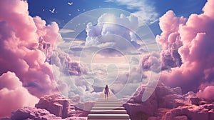 Stairs to heaven heading up to skies, bright light from heaven door, Concept art, Epic light,Background illustration of