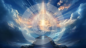 Stairs to heaven heading up to skies, bright light from heaven door, Concept art, Epic light,Background illustration of