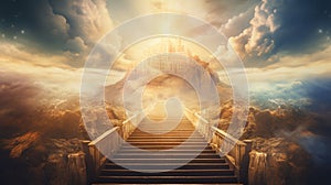 Stairs to heaven heading up to skies, bright light from heaven door, Concept art, Epic light,Background illustration of