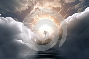Stairs to heaven and human soul going to heaven visualization. Generative AI