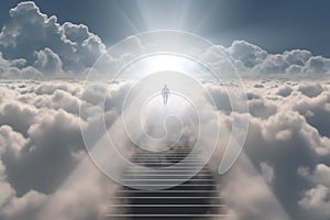 Stairs to heaven and human soul going to heaven visualization. Generative AI