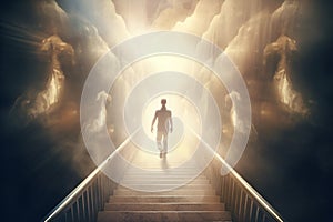 Stairs to heaven and human soul going to heaven visualization. Generative AI