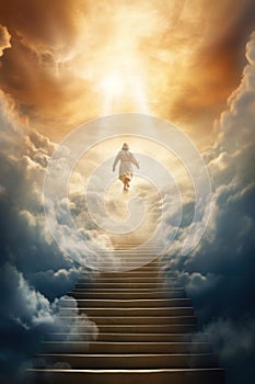 Stairs to heaven. Stairway leading up to heavenly sky towards the light.