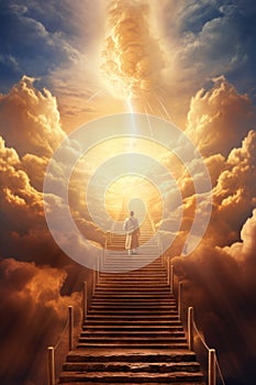 Stairs to heaven. Stairway leading up to heavenly sky towards the light.