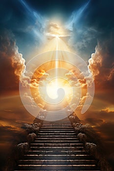 Stairs to heaven. Stairway leading up to heavenly sky towards the light.