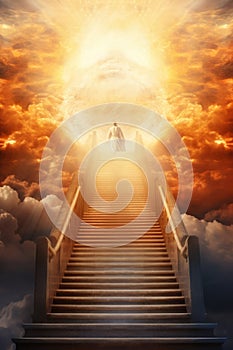 Stairs to heaven. Stairway leading up to heavenly sky towards the light.