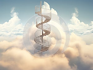 Stairs to heaven visualization. Stone stairs going up to the cloudy sky visualization. Bright light visible in clouds