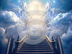 Stairs to heaven visualization. Stone stairs going up to the cloudy sky visualization. Bright light visible in clouds