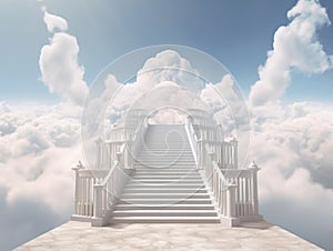 Stairs to heaven visualization. Stone stairs going up to the cloudy sky visualization. Bright light visible in clouds