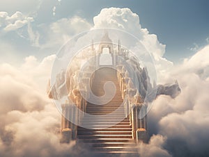 Stairs to heaven visualization. Stone stairs going up to the cloudy sky visualization. Bright light visible in clouds