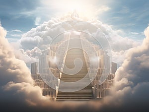 Stairs to heaven visualization. Stone stairs going up to the cloudy sky visualization. Bright light visible in clouds