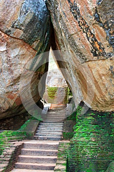 The stairs to the lion`s rock in sigirya between the rocks
