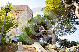 Stairs to Lovrijenac Fort at the northern harbor entrance from the old town walls in Dubrovnik, Croatia