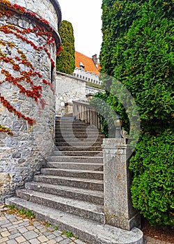 Stairs to the main park and central tower of Smolenice Castle, Slovakia