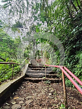 Stairs of tourist attractions with views of tropical rainforests in Kediri Regency, East Java, Indonesia