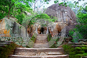 Stairs through the trees into the giant rock opening to Sigiriya in Sri Lanka