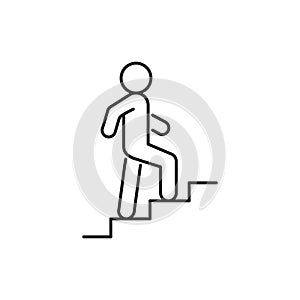 Stairs up person, line icon. Stairway, steps direction sign. Moving upstairs. Editable stroke. Vector
