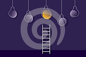 Stairs up to idea bulb on dark purple background. Concept for bright idea and insight. Business creativity and inspiration.