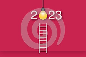 Stairs up to idea bulb in the year 2023 on red background. Concept for bright idea and insight. Business creativity.
