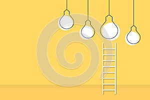 Stairs up to idea bulb on yellow background. Concept for bright idea and insight. Business creativity and inspiration.