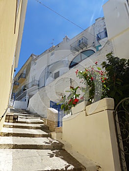 Stairs uphill in a village on the island of Ponza in Italy.