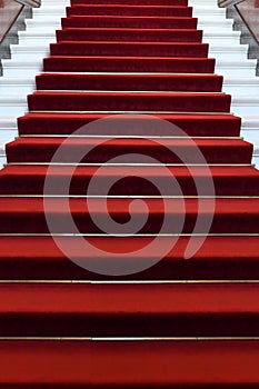 Stairs upwards covered with luxurious red carpet