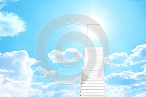 Stairs with white door on sky to sun for heaven background