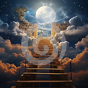 Stairway Ascending Towards Giant Moon in the Sky. Generative AI.