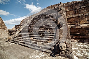 Stairway and the carving details of Quetzalcoatl Pyramid at Teotihuacan Ruins - Mexico City.