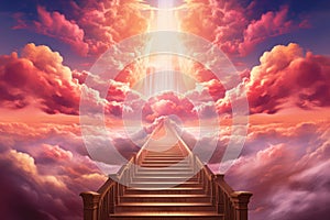 Stairway through the clouds to the heavenly light. Staircase leading to heaven