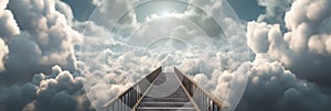 Stairway through the clouds to the heavenly light. Stairway to heaven. Banner. Copyspace. Generative AI