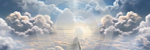 Stairway through the clouds to the heavenly light. Stairway to heaven. Banner. Copyspace. Generative AI