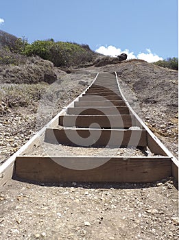 A stairway composed of a series of parallel cor-ten risers set into the earth. Rustic wood staircase structure perspective on dry photo