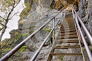 Stairway in forest near Zirkelstein castle in Saxon Switzerland on 13th october 2019