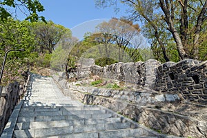 Stairway and fortress wall at the Namsan Park in Seoul