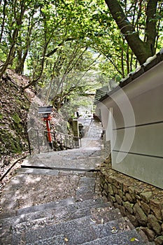 The stairway and lantern of Kurama-Dera temple. Kyoto Japan