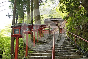 The stairway, lantern and shrine gate of Kifune-jinja shrine. Kyoto Japan