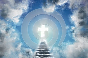 Stairway leading through clouds to heaven and crucifix. Religion, christianity and life after death concept.