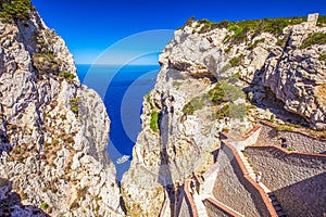 The stairway leading to the Cave of Neptune Neptune`s Grotto, in Capo Caccia cliffs, Alghero, Sardinia, Italy photo