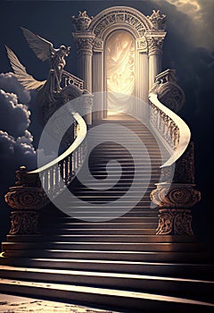 Stairway Leading To Heavenly Sky Toward The Light and Angel. Generative AI.