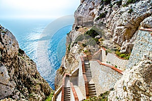 The stairway leading to the Neptune's Grotto,near Alghero, in Sa photo